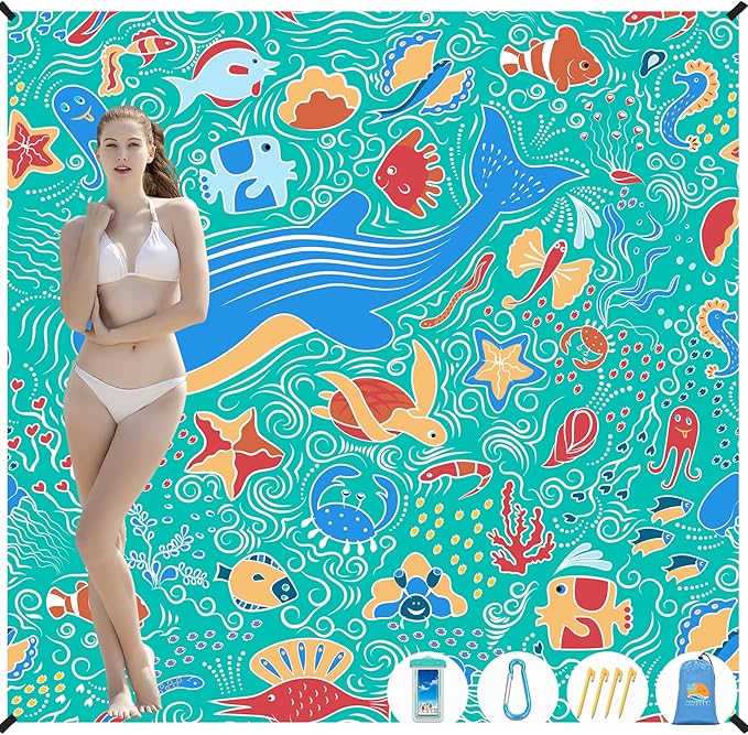 Beach Blanket Waterproof Sandproof 1-7 Adult Oversized 78 '' × 81 '' Lightweight Durable Compact Sand Free Beach Mat for Travel Camping Hiking Picnic Blanket Extra Large