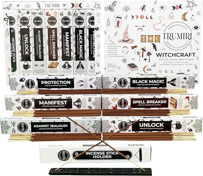 Witchcraft Incense Sticks - Total 120 Insence-Sticks (20 Insense x 6 Inscents) - for Wiccan Witches Brew Wicca Witch Voodoo Spell Pagan Black Magic Protection Against Jealousy + Burner Holder