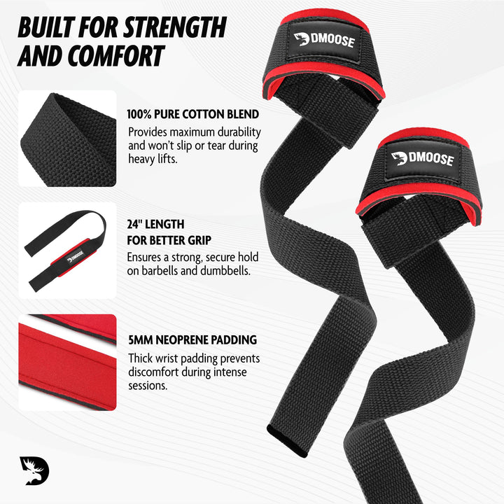 DMoose Fitness Lifting Straps - 4mm Neoprene Padded Wrist Straps for Weightlifting & Powerlifting - Cotton Lifting Strap with Silicone Grip for Men & Women - Durable Deadlift Straps for Gym Workout