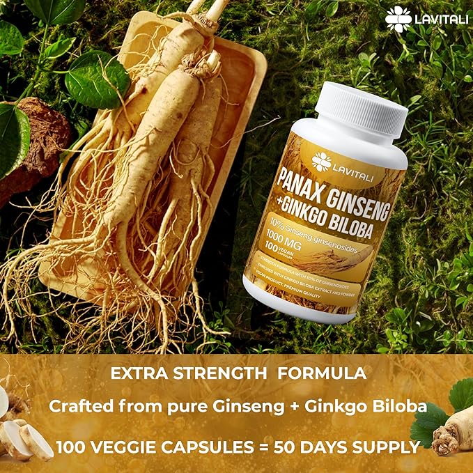 Ginseng & Ginkgo Biloba 100 Veggie Capsules, Energy Ginseng Root Extract Powder, with Ginkgo Biloba Extract, 100% Natural & Non-GMO, Vegan, Gluten Free, Dairy Free