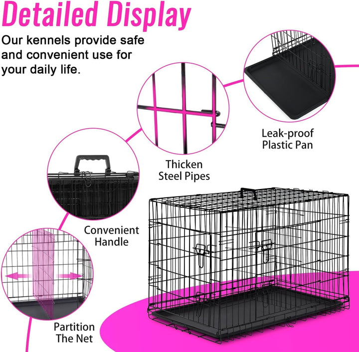 FDW 48 inch Foldable Metal Dog Crate for Large Dogs, Double Door, Divider, Removable Tray(Black)