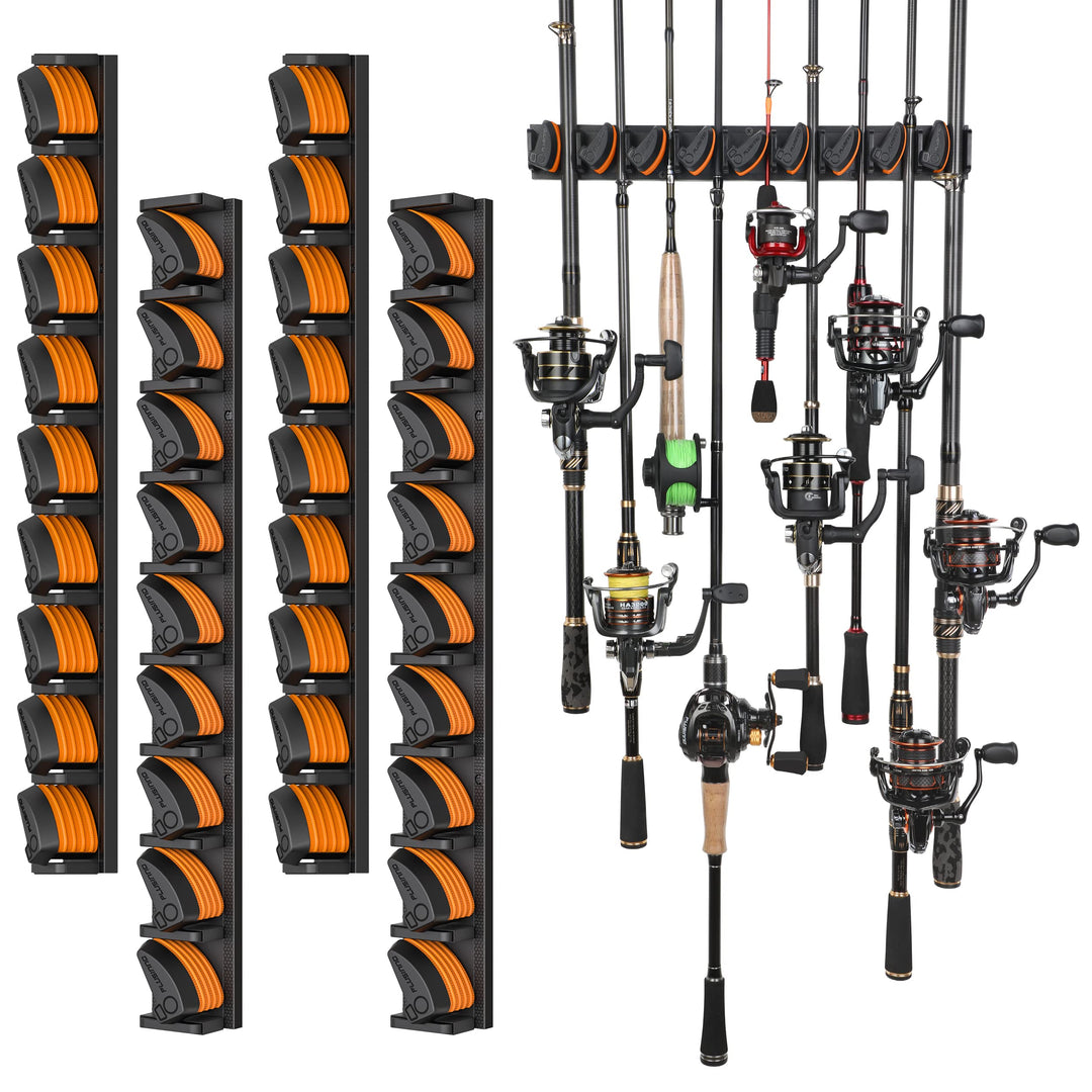 PLUSINNO V9 Vertical Fishing Rod Holders, 4 Packs Wall Mounted Fishing Pole Holders, Fishing Rod Racks Hold Up to 36 Rods or Combos, Fishing Rod Holders for Garage, Fits Most Rods of Diameter 3-19mm