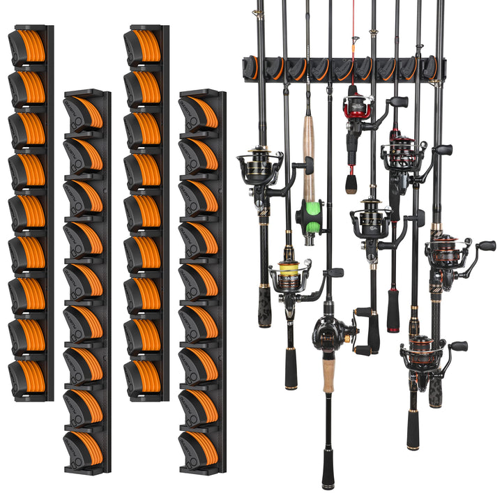 PLUSINNO V9 Vertical Fishing Rod Holders, 4 Packs Wall Mounted Fishing Pole Holders, Fishing Rod Racks Hold Up to 36 Rods or Combos, Fishing Rod Holders for Garage, Fits Most Rods of Diameter 3-19mm