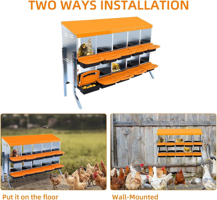 Pinypikaka Chicken Nesting Box with Bracket Legs, 10 Compartments Nesting Boxes for Chickens, Chicken Laying Boxes, Roll Away Nesting Box for Chickens Laying Egg with Lid Cover