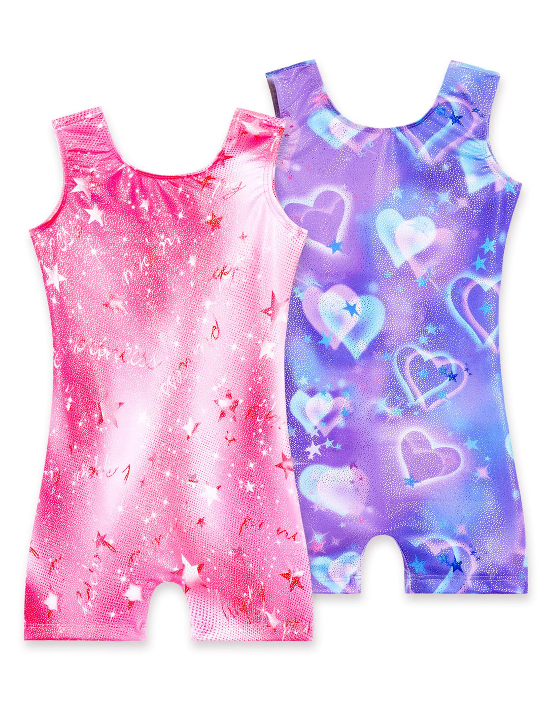 Nokecina Girls Leotards for Gymnastics Size 5-6 Years Old 2 Pack Sparkle Practice Biketards Purple Unitard Pink Gym Leos