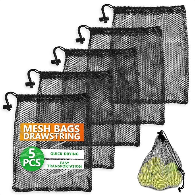 Mesh Bags Drawstring 5Pcs S – Strong, Lightweight, Breathable Mesh Bag with Quick-Dry and Tear-Resistant Design – Easy to Tighten and Adjust for Travel, Sports, Swimming, and Ball Storage