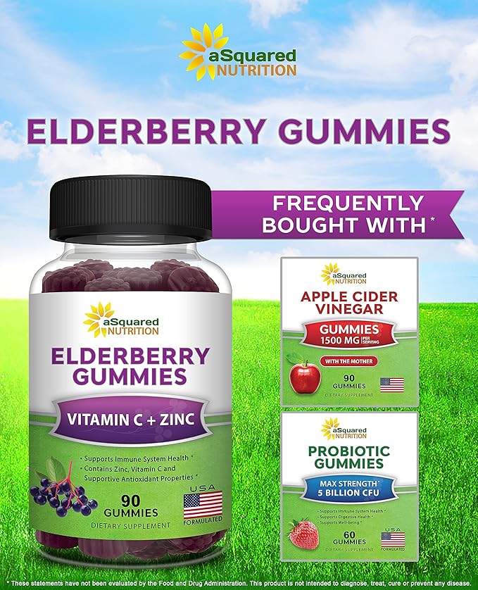 aSquared Nutrition Sambucus Elderberry Gummies with Zinc and Vitamin C - Chewable Gummy Supplement Alternative to Capsules Pills - Black Elderberries w/VIT C for Adults Immune Support - 90 Gummies