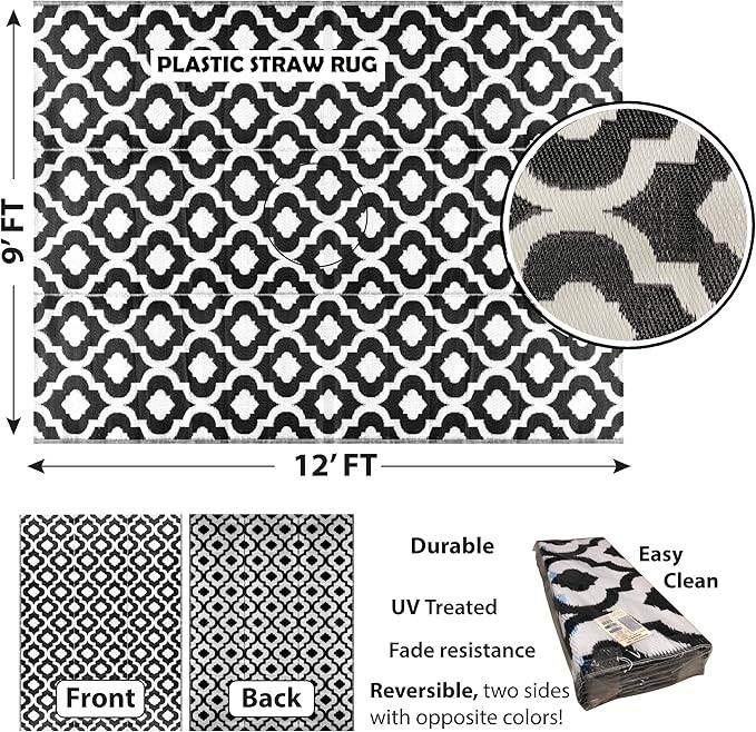 BalajeesUSA rv mats Outdoor Rug – 9x12, Black Reversible Recycled Plastic Straw Outdoor Patio Rugs Clearance Waterproof Large RV Camper Mats 514