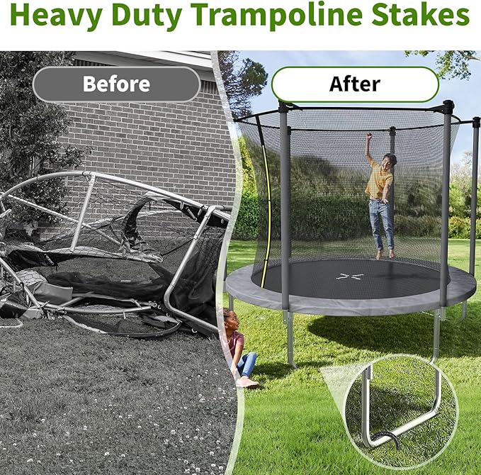 12 Inches Trampoline Wind Stakes, Heavy Duty U Stakes for Ground, 8-Pack Trampoline Tie Down Anchor Kit for Swing Set and Soccer Goal Galvanized Steel Anchors Black