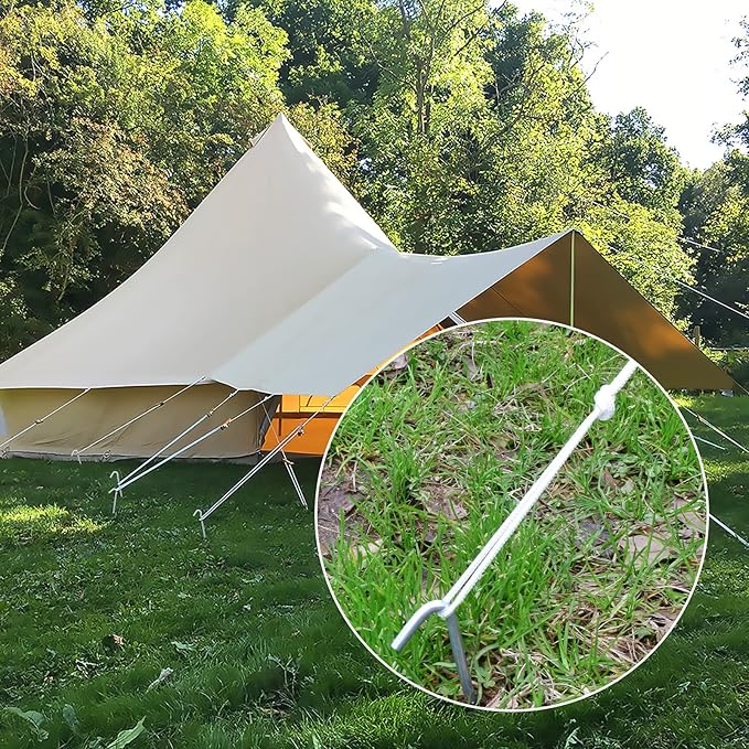 AAGUT 9 Inch Metal Camping Tent Stakes and Ties, 25 Pack Hooked Ground Stakes for Christmas Decorations, Canopy Tent Pegs for Trap, Inflatable Stakes with Tethers and T Hook