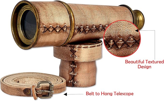 RII Antique Decor Spyglass, Pirate Telescope with Leather Case, Handheld Telescope for Adventure Enthusiasts, Monocular Nautical Decor for Gifting, Travellers, Vintage, 18"