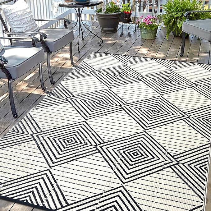 Waterproof Outdoor Rug 6x9ft, Foldable Reversible Plastic Straw Mat for Patio RV Deck Porch Backyard Balcony Camping Picnic Beach Indoor Outdoor Carpet, Black&Beige