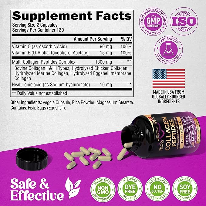 Multi Collagen Peptides - Hydrolyzed Types I, II, III, V & X - Collagen Supplement for Women 1300mg - w/ Hyaluronic Acid, Vitamins C & E - Skin, Hair, Nails & Joint Support - Made in USA, 240 Capsules