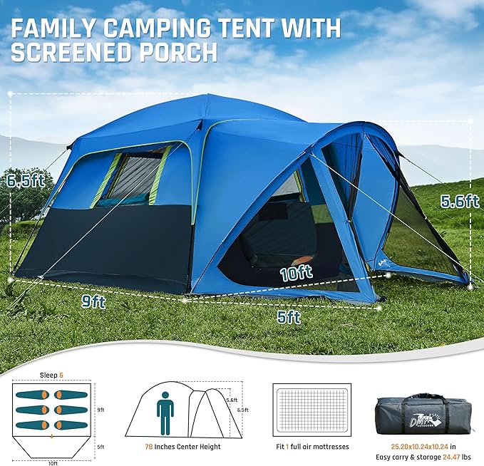Tents for Camping 6 Person Camping Tent with Screen Porch, Weatherproof Large Cabin Tent with Rainfly and Carry Bag, Family Tent for Outdoor Camping and Backyard
