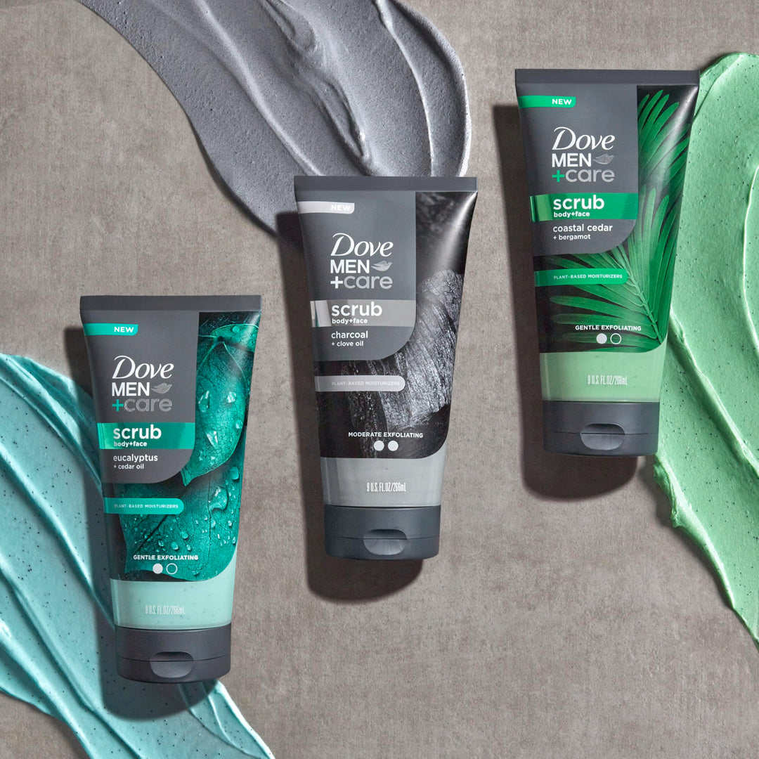 Dove Men+Care Eucalyptus Body and Face Scrub Deeply Exfoliates for Hydrated & Nourished Skin 100% Gentle Cleanser, No Sulfate Cleansers or Parabens