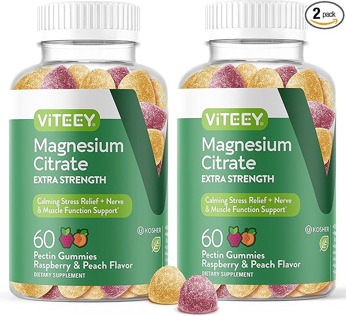 Magnesium Citrate Gummies for Adults & Teens - Extra Strength 170mg, Supports Calm Mood, Optimal Relaxation, Muscle Function - Vegan, Gelatin Free - Tasty Chewable Raspberry & Peach Flavored Gummy