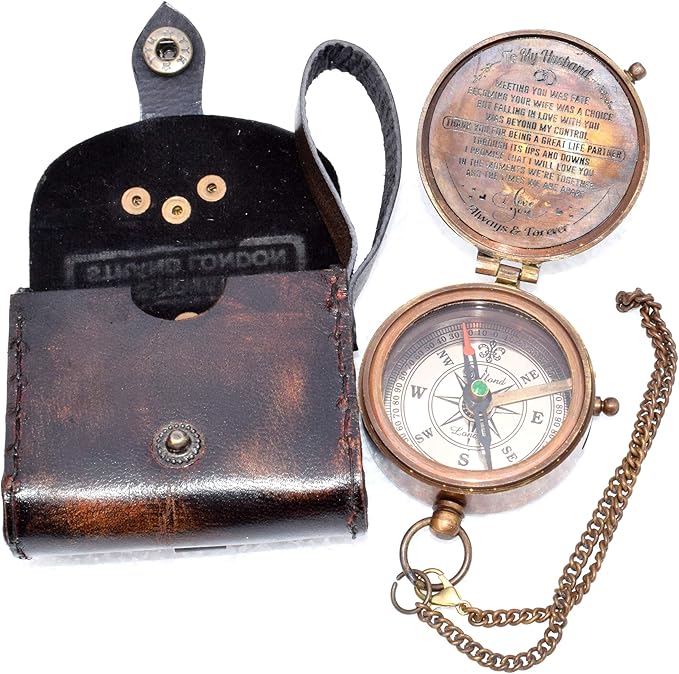 Antique Nautical Vintage Directional Magnetic Compass with Famous Scripture Quote Engraved Baptism Gifts with Leather Case or Wooden Case for Loved Ones, Son, Father, Love, Partner, Spouse, Fiancé