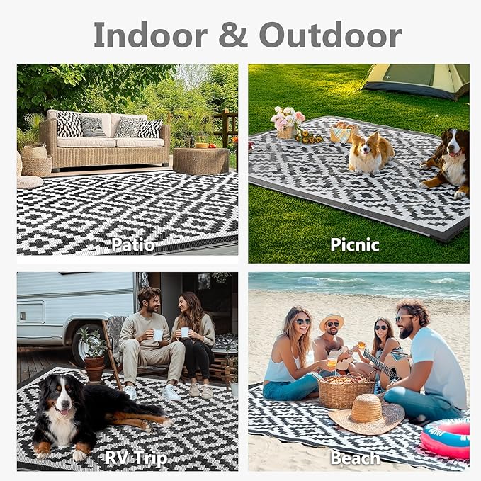 6x9 ft Outdoor Rug Waterproof, Plastic Straw Patio Carpet - UV Resistant Reversible Indoor Outdoor Rugs for Porch, Camping, Poolside, RV, Balcony, Easy to Clean, Black and White