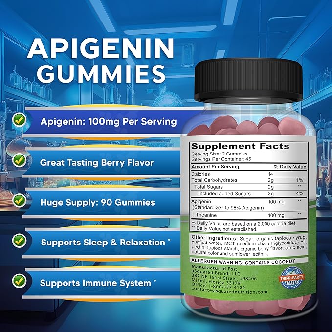 Apigenin 100mg with L-Theanine 100mg Gummies - Apigenin Supplement for Sleep - Natural Extract Gummy Alternative to Capsules, Pills, Powder & Tea - 2 Per Serving