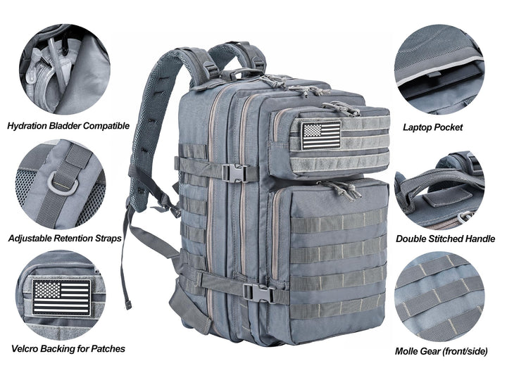 LHI Military Tactical Backpack for Men and Women 45L Army 3 Days Assault Pack Bag Large Rucksack with Molle System - Grey
