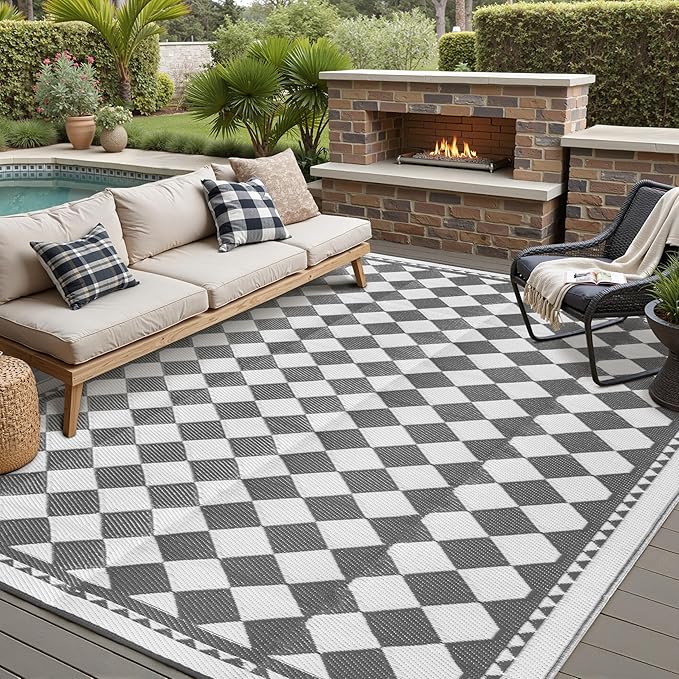 Outdoor Waterproof Rug 6'x9' Plastic Straw Rugs Washable Reversible Floor Mat Grey Plaid Carpet for Camping RV Deck Entryance Porch Picnic Balcony Beach Backyard