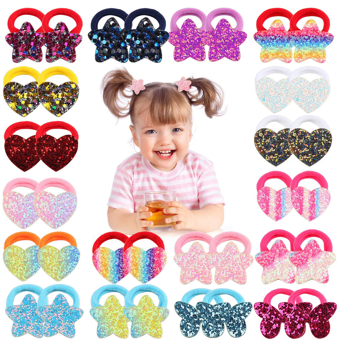 36 Pcs Glitter Hair Ties For Baby Girls Elastic Rubber Bands Hair Scrunchies For Toddler Girls Rainbow Sequin Sparkle Star Heart