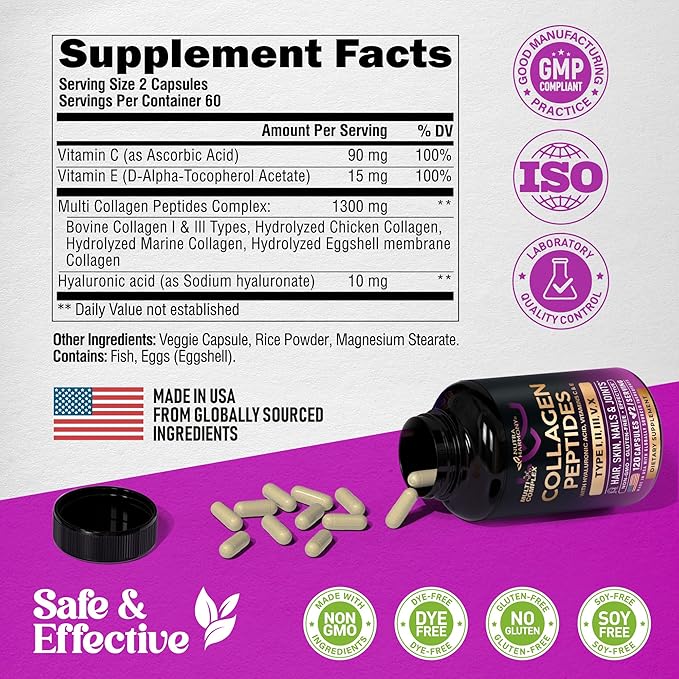 Multi Collagen Peptides - Hydrolyzed Types I, II, III, V & X - Collagen Supplement for Women 1300mg - w/ Hyaluronic Acid, Vitamins C & E - Skin, Hair, Nails & Joint Support - Made in USA, 120 Capsules