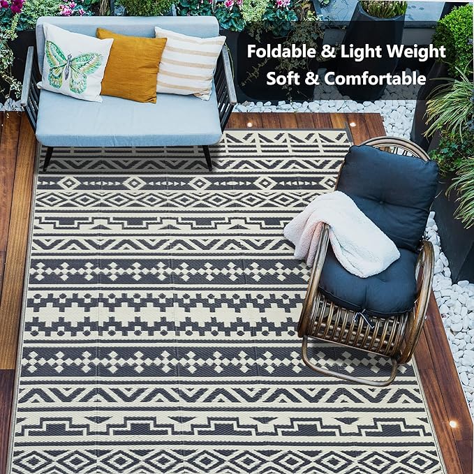 RV Outdoor Rug Waterproof Mat Outdoor Rugs 6'x9' for Patios Clearance Carpet Outdoor Camping Rugs Large Plastic Straw Rug (Geometric Boho Grey&White)