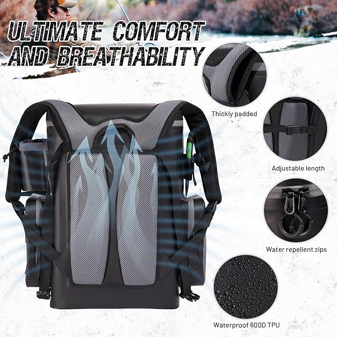 Fishing Tackle Backpack Dry Bag with rod holder 4 tackle boxes and Organizer, Waterproof 600D TPU Fabric with Heat Pressed Seams for Freshwater, Saltwater, Fly Fishing, Camping, and Hiking