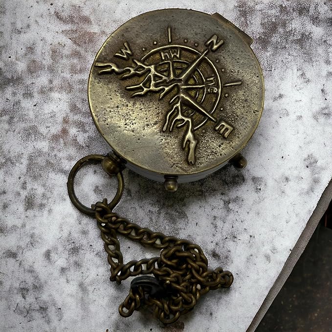 Antique Brass Compass with Detachable Chain & Carrying Case – Vintage Nautical Navigation Tool for Outdoor Hiking, Survival, and Travel – Gift for Collectors and Adventurers