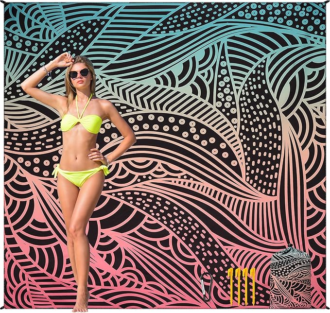 Beach Blanket Waterproof Sandproof Beach Mat 79”x 83” for 1-4 Adults Quick Drying Durable Outdoor Picnic Mat for Beach Festival Travel Camping Hiking (Gradiant BK-Ripple, 79"×83"(4 Person))