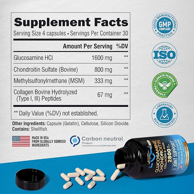Glucosamine Chondroitin MSM Collagen | FSA HSA Eligible | Joint Support Supplement 2800 mg | Made in USA | FSA Approved Product Items | Flexibility Nutritional Vitamins | For Men & Women, 120 Capsules
