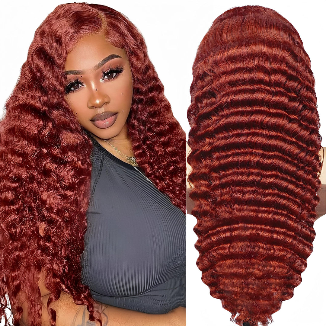 Aakjj Reddish Brown Deep Wave Lace Front Wigs Human Hair 13X4 Hd Transparent Lace Front Wigs For Women 200 Density Copper Auburn