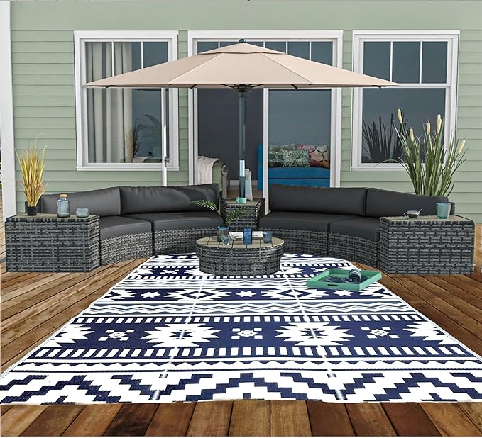 BalajeesUSA Outdoor Rugs–9x18 Plastic Patio Decor Grey Dark Blue, Durable and Affordable Recycled Straw Picnic All-Weather and Waterproof Reversible Camper Awning mats 7582