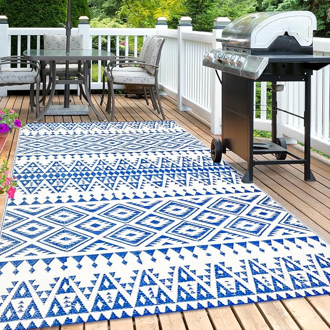 Waterproof Outdoor Rug 5x8ft, Bohemia Reversible Plastic Straw Mat for Patio RV Deck Porch Backyard Balcony Camping Picnic Beach Indoor Outdoor Carpet, Blue&White