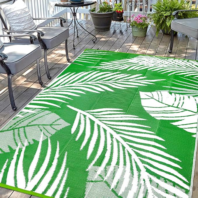 Waterproof Outdoor Rug 8x10ft, Green Leaf Reversible Plastic Straw Mat for Patio RV Deck Porch Backyard Balcony Camping Picnic Beach Indoor Outdoor Carpet, Green&White