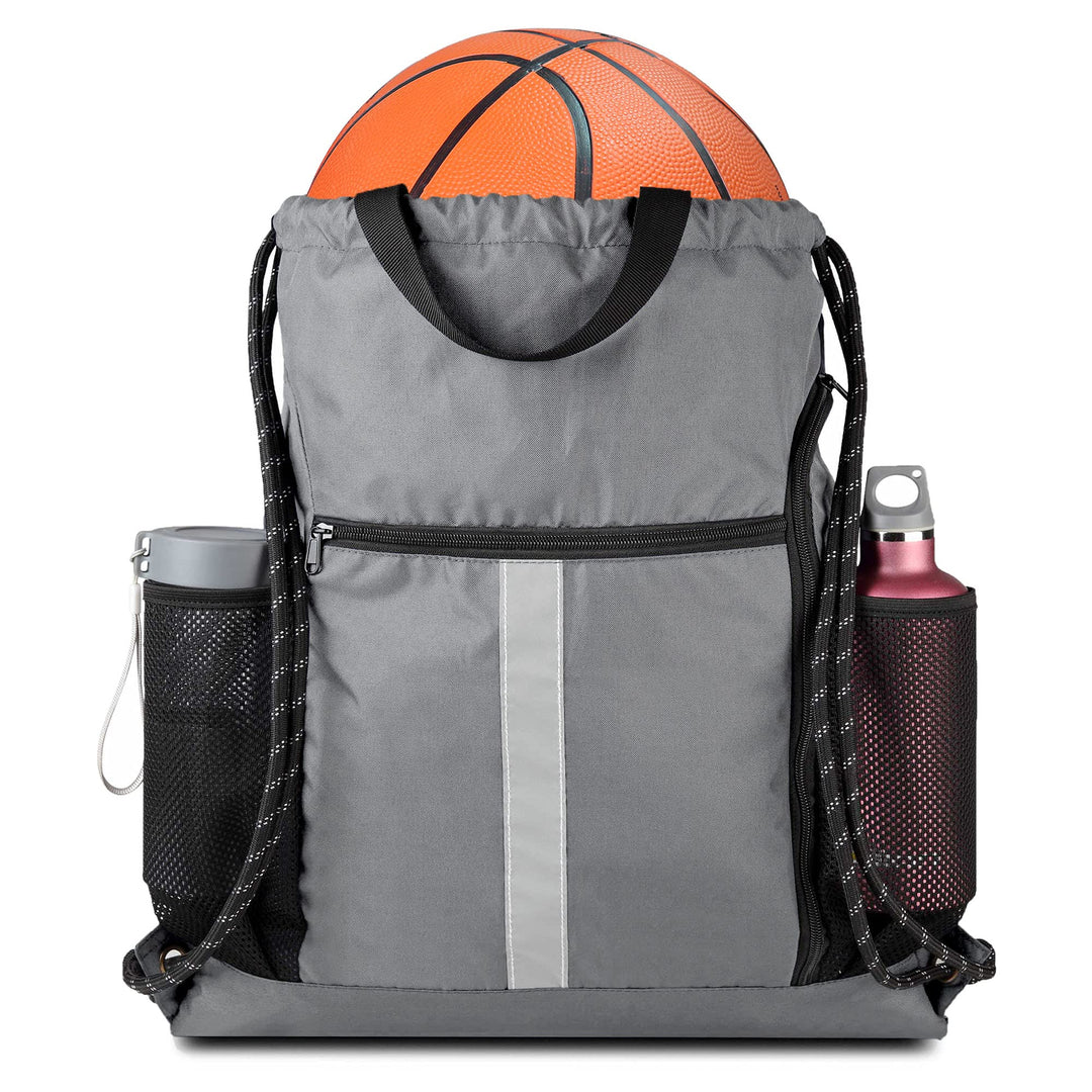 BeeGreen Grey Drawstring Bag Pack Gym Sackpack w Shoe Compartment Two Water Bottle Holder Portable String Sinch Sack for Gymnastic Athletic Beach Travel