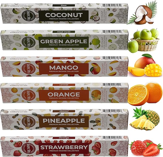 Fruity Incense Sticks Variety Pack - 120 Insence-Sticks (6 Incents x 20 Insense) - Coconut Orange Pineapple Mango Strawberry Apple - Natural Inscents-Sticks Non Toxic Inciensos + Stick Incense Holder