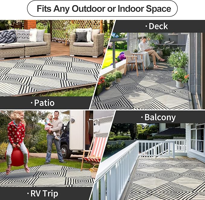 Waterproof Outdoor Rug 6x9ft, Foldable Reversible Plastic Straw Mat for Patio RV Deck Porch Backyard Balcony Camping Picnic Beach Indoor Outdoor Carpet, Black&Beige