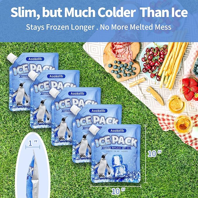 2025 Reusable Ice Packs for Cooler, Aookellb 5 Pack Long Lasting Gel Freezer Packs for Coolers, Cold Packs for Cooler Bag Backpacks, Lunch Box, Cooler Bag, Keeps Food Cold Fresh