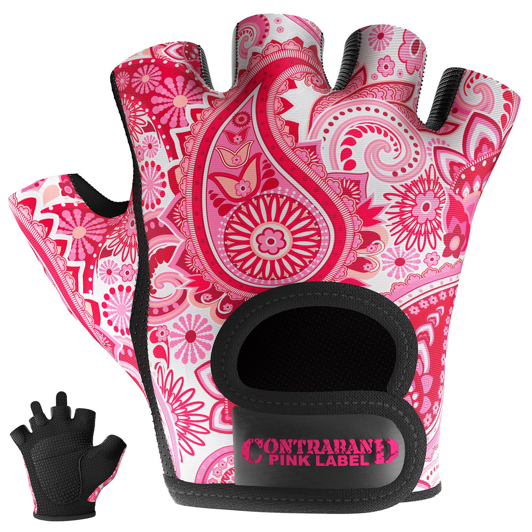 Contraband Pink Label 5387 Womens Design Series Paisley Print Lifting & Rowing Gloves (Pair) - Lightweight Vegan Medium Padded Microfiber Amara Leather w/Griplock Silicone (Pink, X-Small)