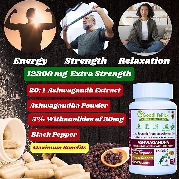 Ashwagandha Capsules with Black Pepper from Pure Ashwagandha Powder & 20:1 Ashwagandha Root Extract with Black Pepper 90 Veg Cap AllNatural NonGMO Vegan NO Rice Powder NO Gluten