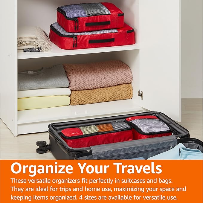 Amazon Basics Packing Cubes for Travel, Packing Organizers Set, 4-Piece-Set (Slim, Small, Medium, Large) With Double Zipper Pulls and Mesh Top Panel, 100% Durable Polyester, Red