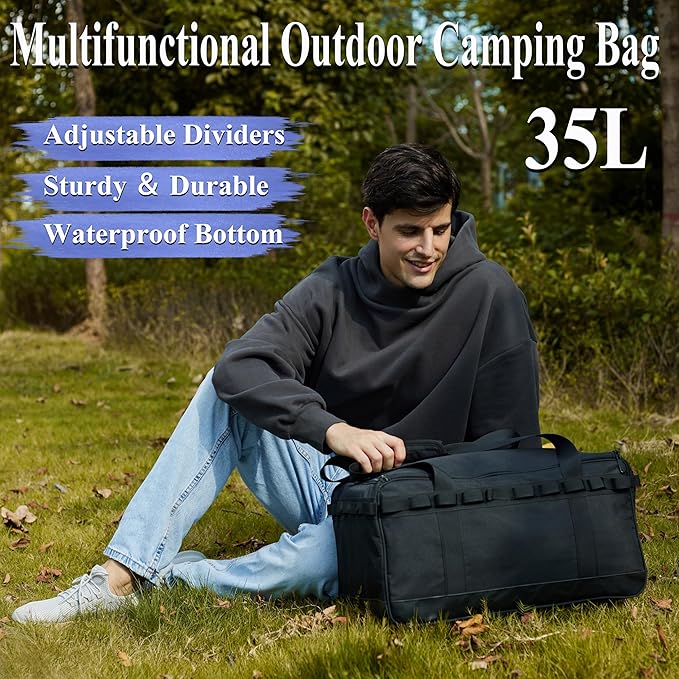 35L Camping Bag,Tactical Duffle Bag with Waterproof Bottom,Shoe Bag for Travel/Outdoor with 3 Adjustable Dividers,Picnic Camping Organizer,Multi-functional Duffel Bag for Camping/Sports/GYM