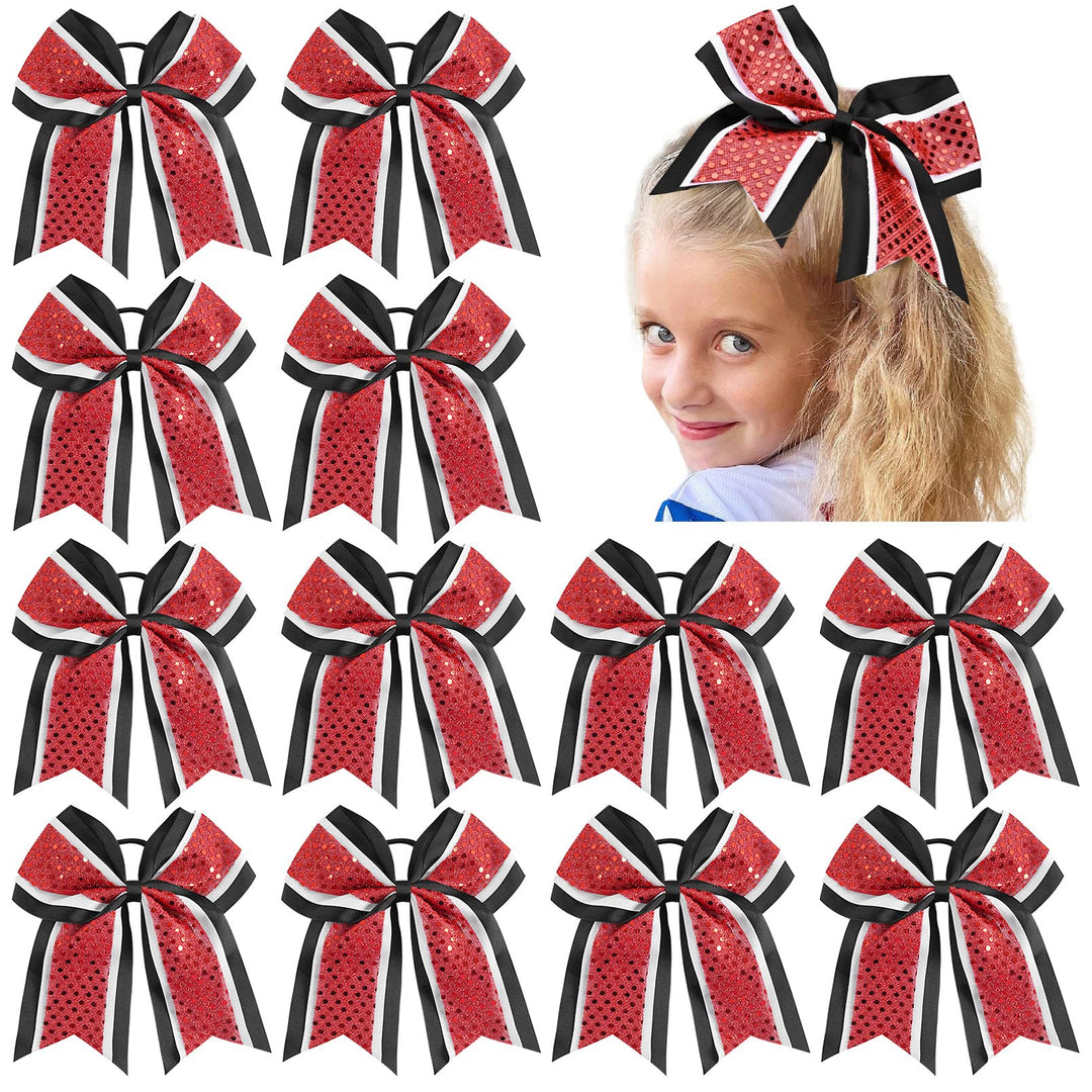 12 Pcs 8'' Large Glitter Cheer Bows Red Black Girl Hair Bows Sparkly Cheerleading Softball Team Bow Hair Accessories For Cheerle