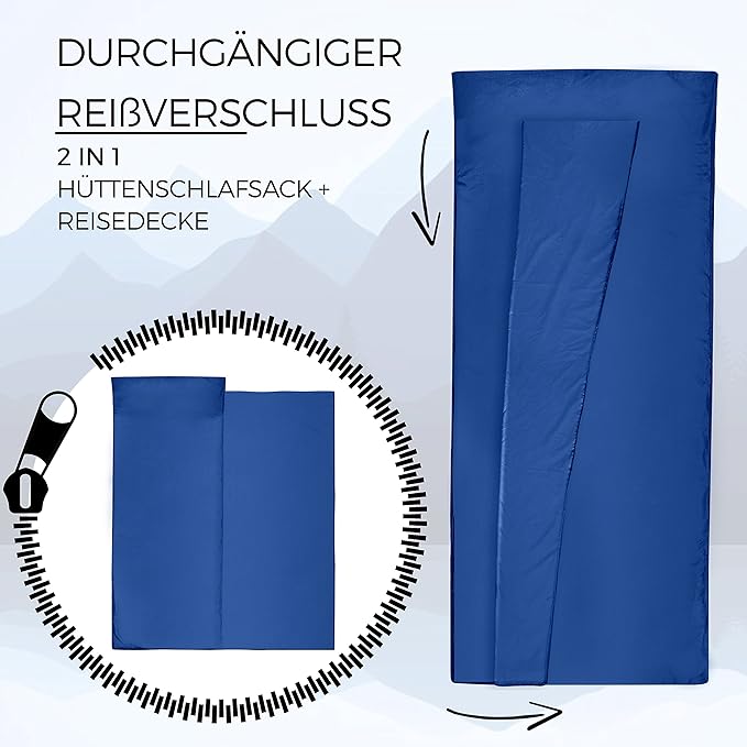 2-in-1 Sleeping Bag Liner and XL Sized Travel Sheet - All Around Zipper - 100% Cotton - Ultra Lightweight Sleep Liner for Hotel Hostel and Camping