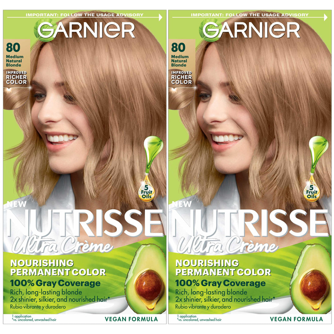 Garnier Hair Color Nutrisse Nourishing Creme, 80 Medium Natural Blonde (Butternut) Permanent Hair Dye, 2 Count (Packaging May Va