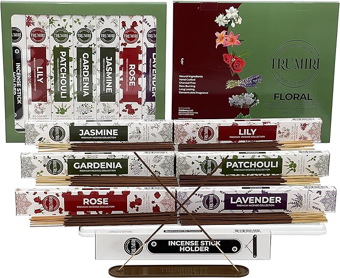 Floral Incense Sticks Variety Pack - 120 Insence-Sticks (6 Incents x 20 Insense) - Rose Lavender Jasmine Patchouli Gardenia Lily - Natural Inscents-Sticks Non Toxic Incienso with Stick Incense Holder