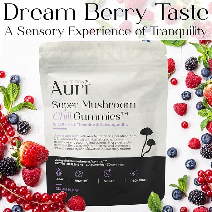 Auri Super Mushroom Chill Gummies - Natural Calming Aid & Stress Reduction Supplement for Adults w/Reishi Mushroom, Ashwagandha, L-Theanine - Unwind Mind & Harmonize Your Day - 60 Calm Gummies