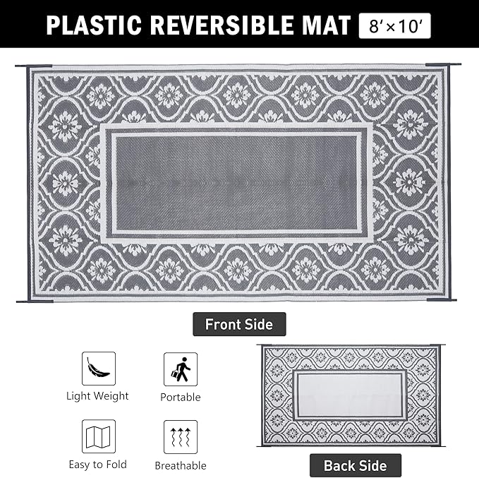 Outdoor Rug 8x10 Patio Waterproof Mat Camping Carpet Outside Area Rug Reversible Grey Rugs for RV Deck Entryance Porch Picnic Balcony Beach